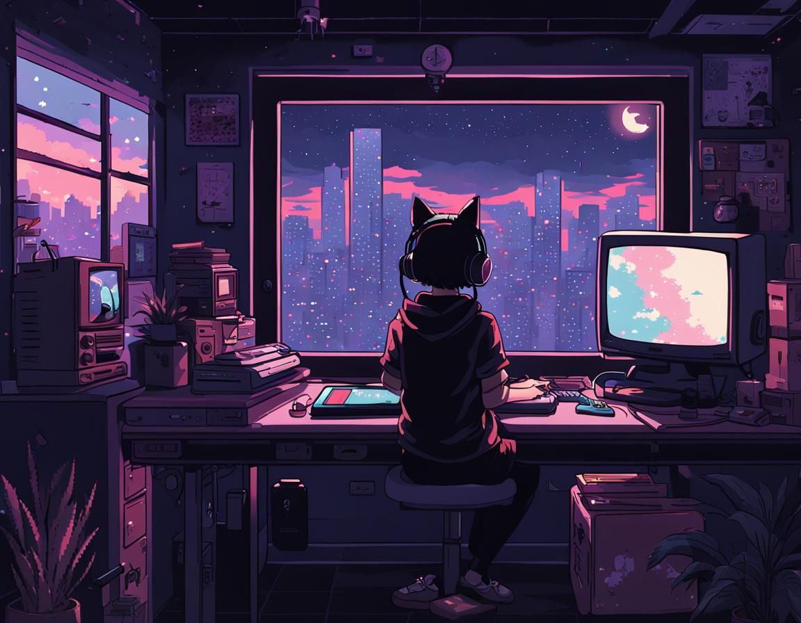 Gamer Girl in Vaporwave Room Pixel Art