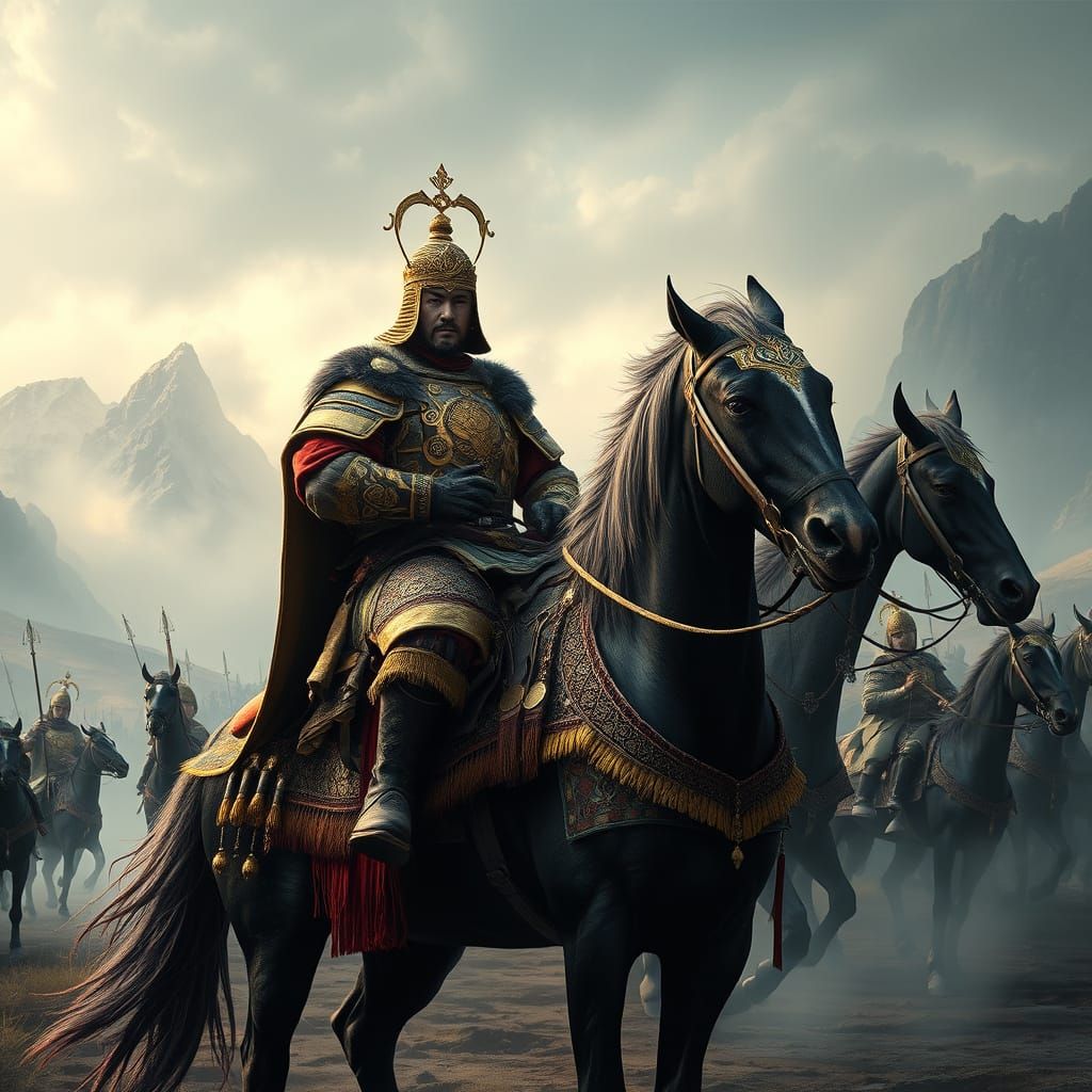 Regal Mongolian Khan on Horseback with Fierce Army