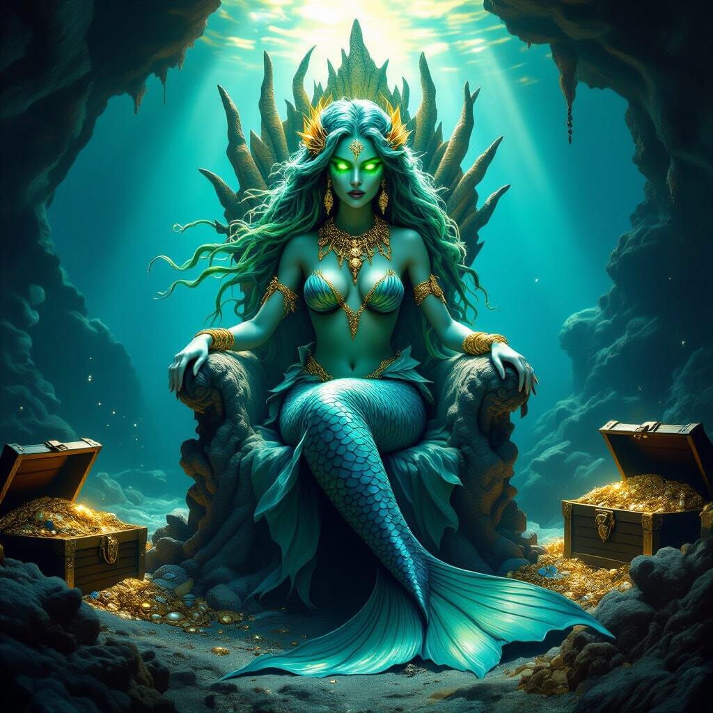 Evil Mermaid Queen on Treasure Throne in Mythic Grotto