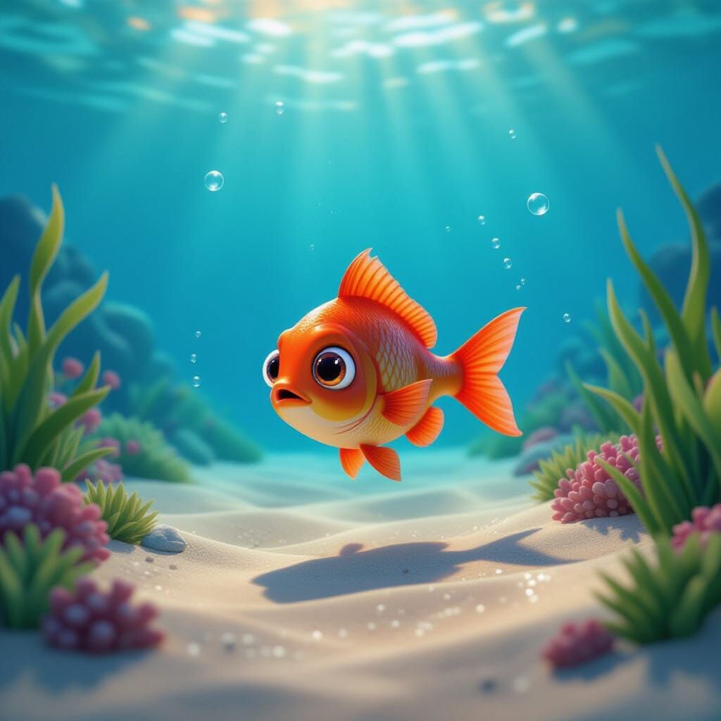 Whimsical 3D Red Fish in Blue Lake