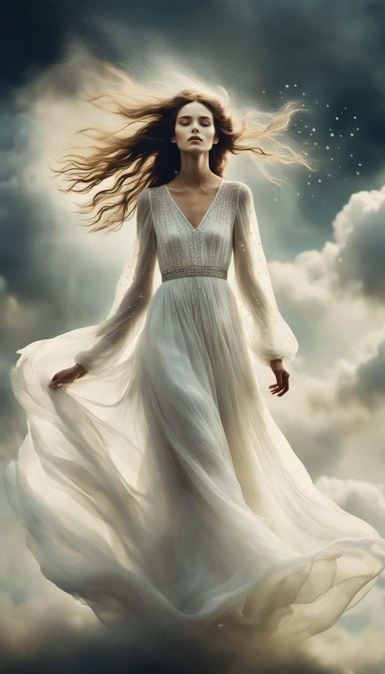 Ethereal, beautiful, dreamy boho woman hovering in the clouds, beautiful sunny day, all of her hair is flowing upwards, ...
