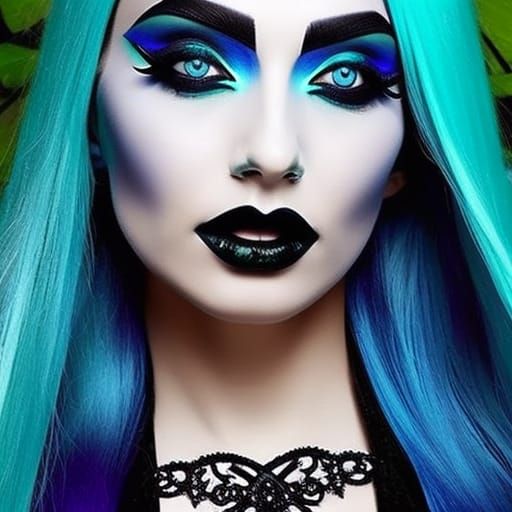 Ethereal gothic witch with beautiful vibrant blue hair& green eyes& vibrant blue eyeshadow& Black eyeliner& vibrant blue...