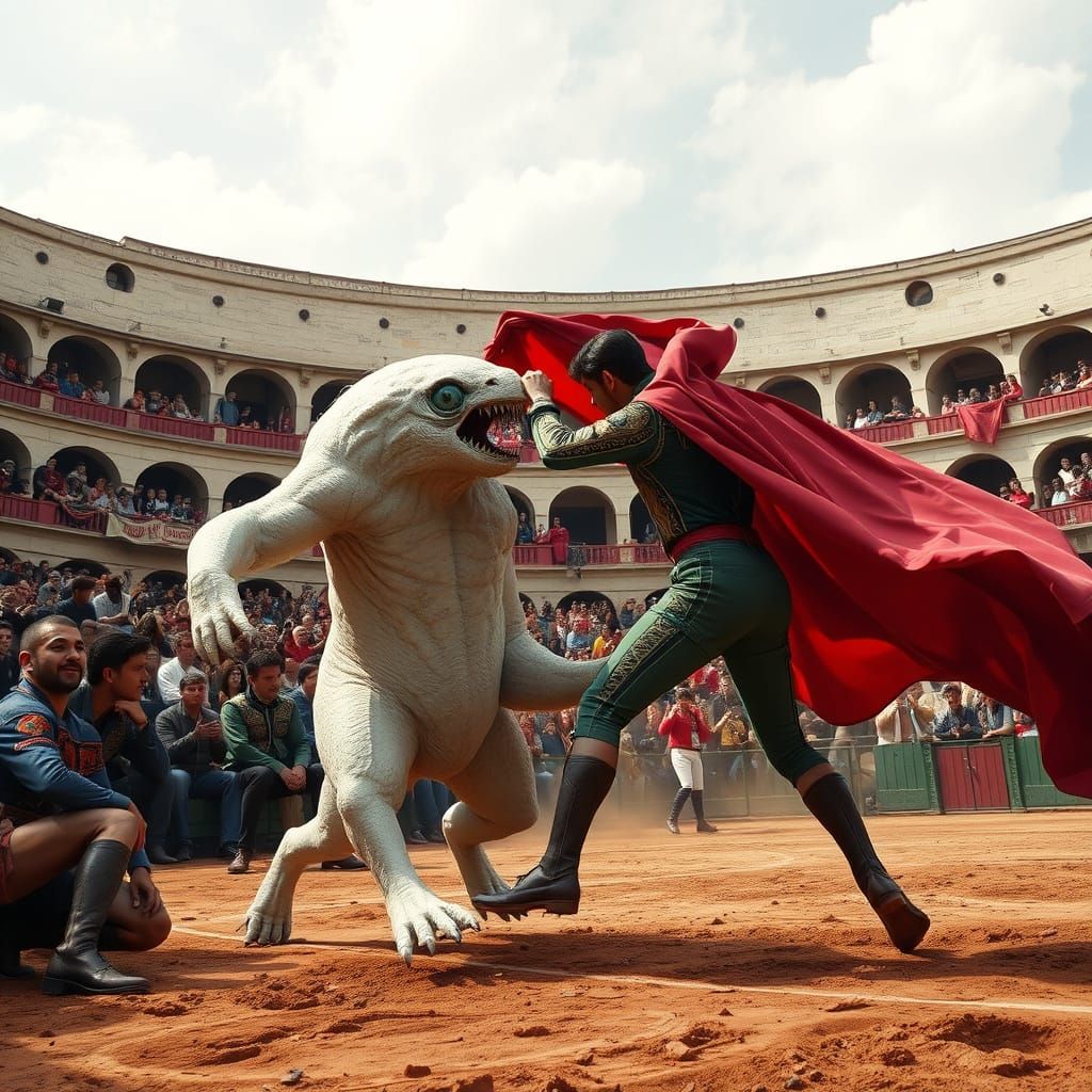 A matador in Spain fighting a white one eyed monster