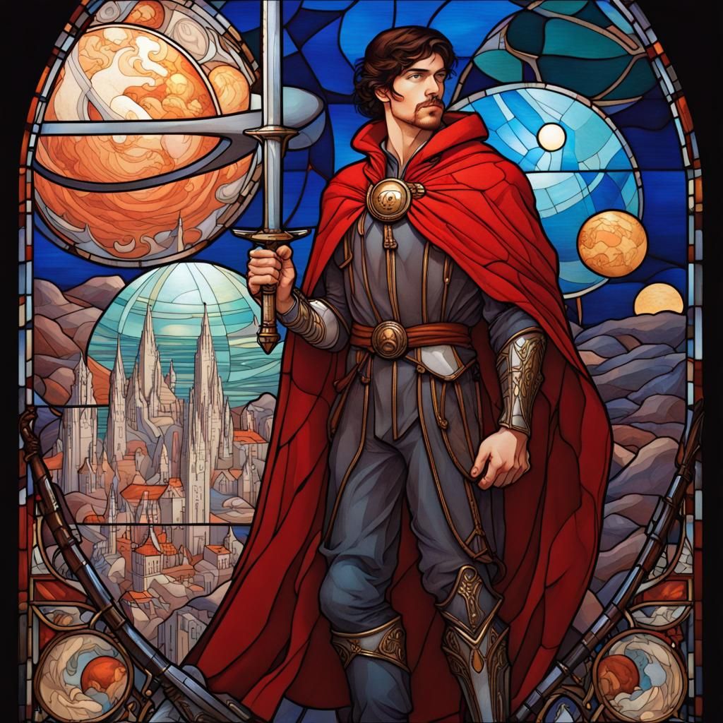 Medieval Warrior in Stained Glass on Futuristic Planet