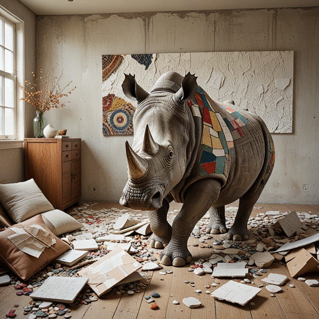 Majestic Rhinoceros Breaks Through a Mixed-Media Masterpiece