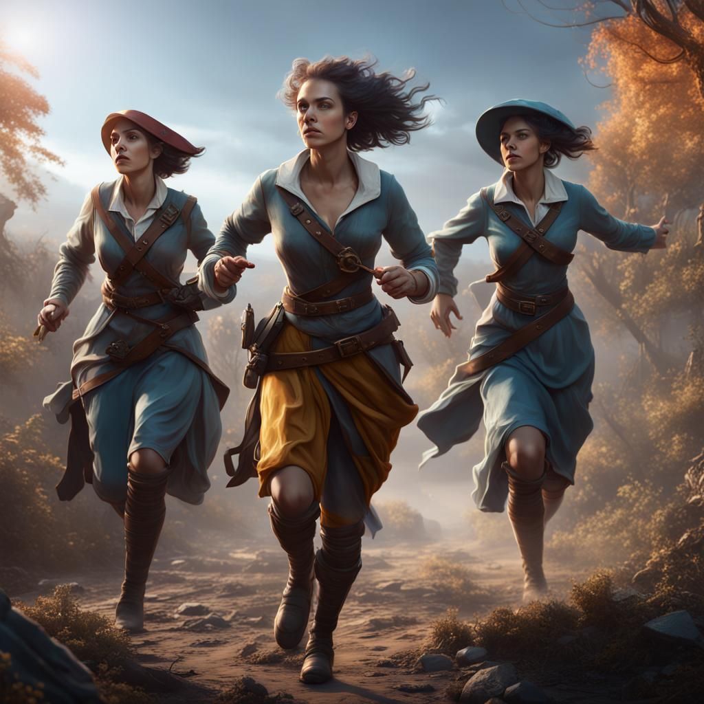 Female Colonists Running in Fantasy Art Style