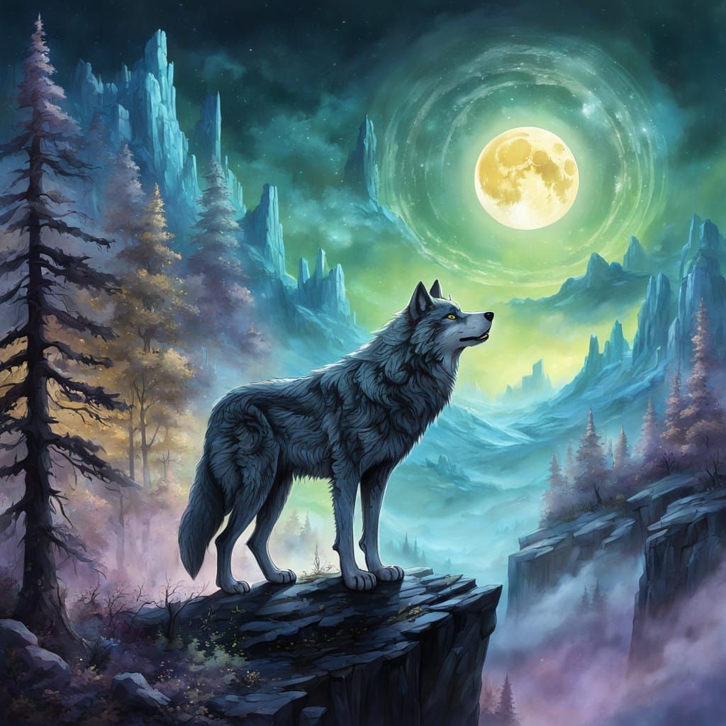 Majestic Wolf Under Full Moon in Auroral Wilderness