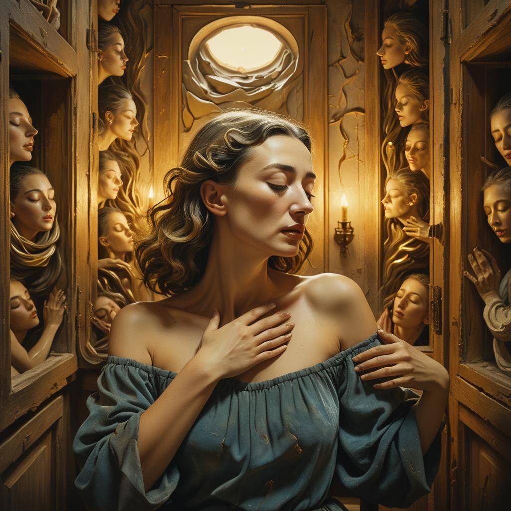 Surreal Woman in Golden Light: An Oil Painting