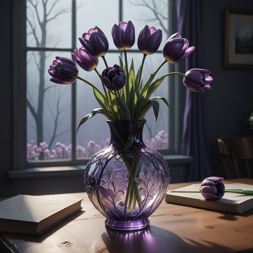 Crystal Vase with Blooming Tulips in Ethereal Hues