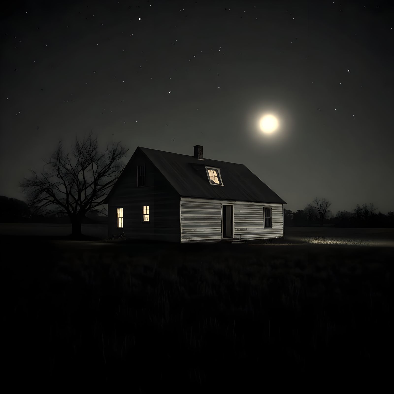 Rustic Abandoned Farmhouse Under Starry Night Sky