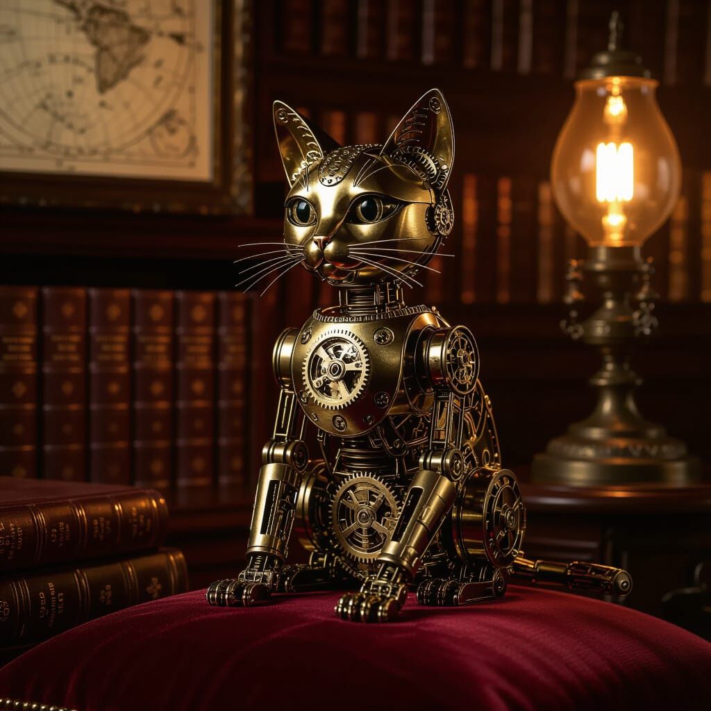Steampunk Automaton Cat on Velvet Cushion