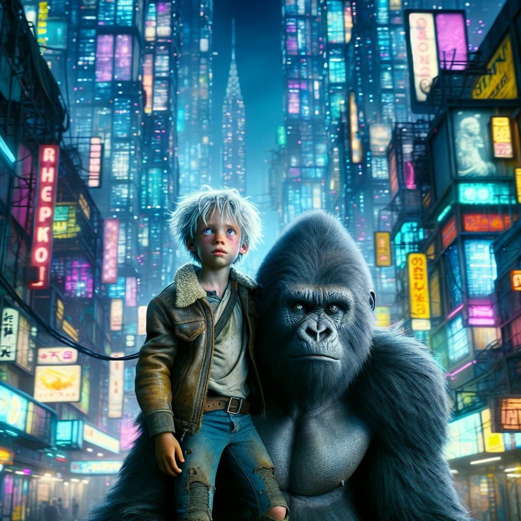 Boy and Gorilla in Cyberpunk Cityscape