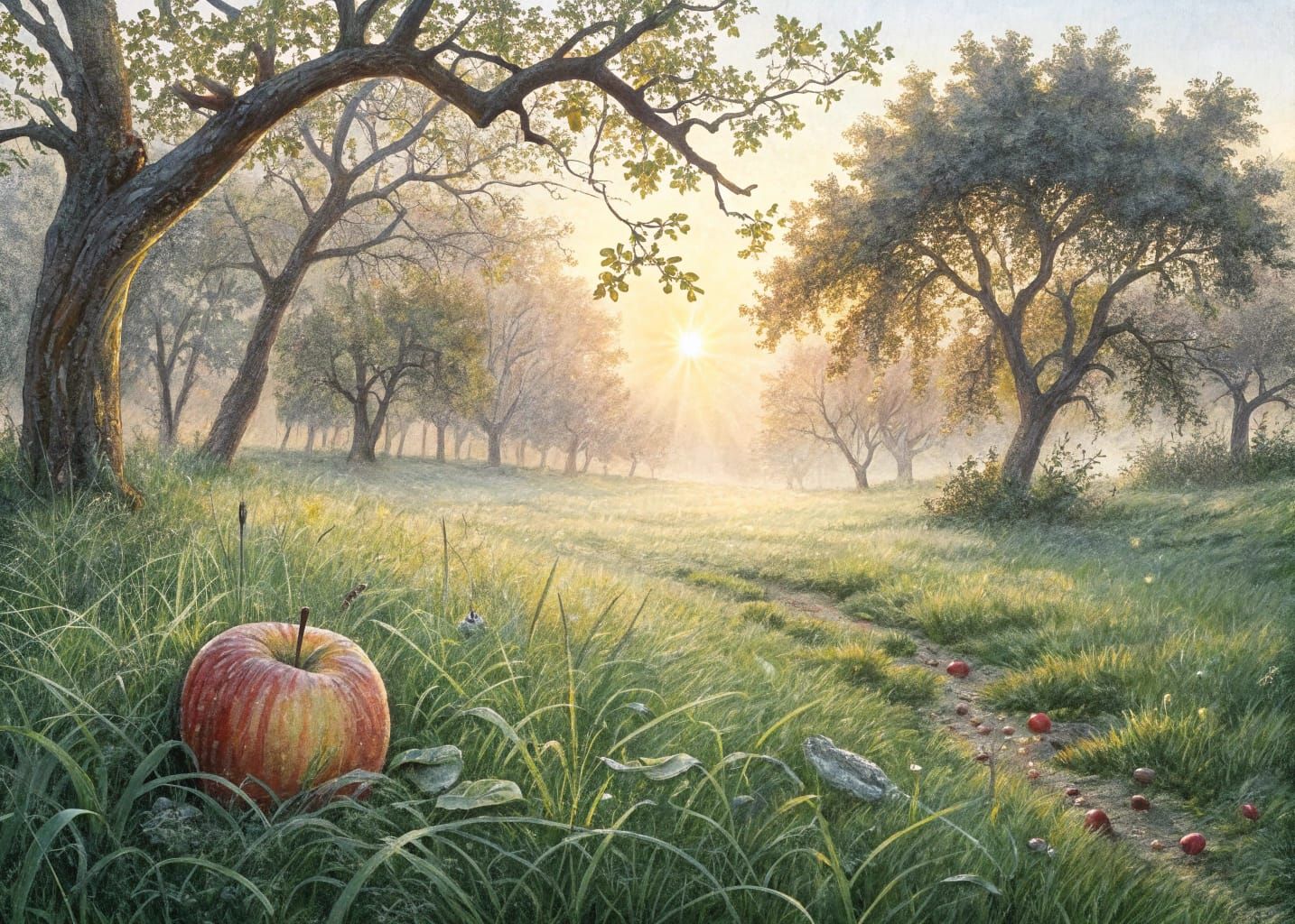 Ethereal Orchard Scene with Apple, Watercolor and Pencil