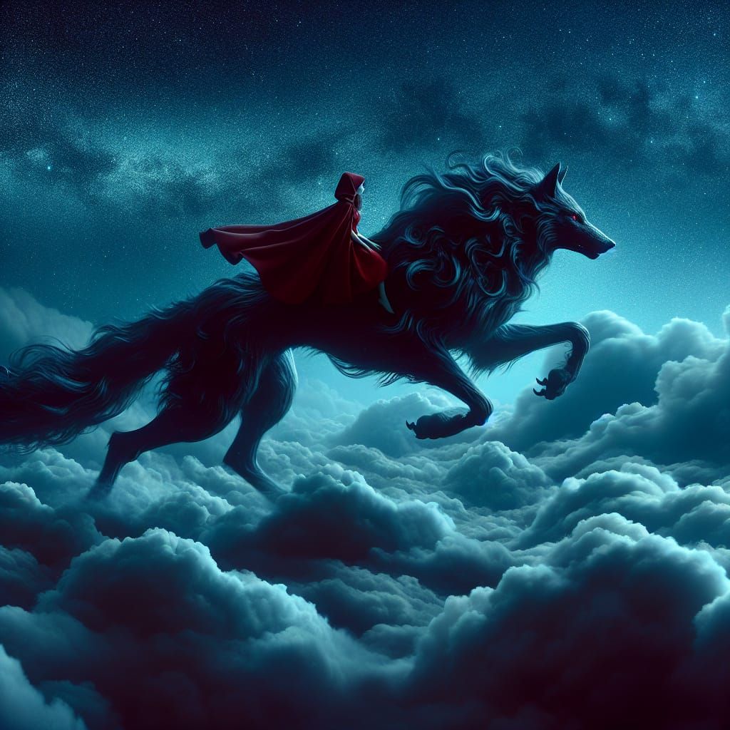 Red Riding Hood Soaring on Mystical Wolf
