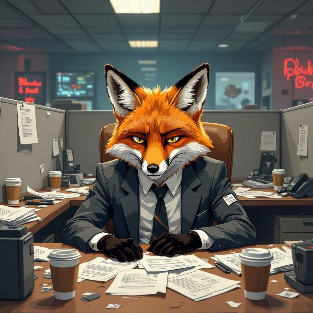 Stressed Fox in Smoky Bar Office Cubicle