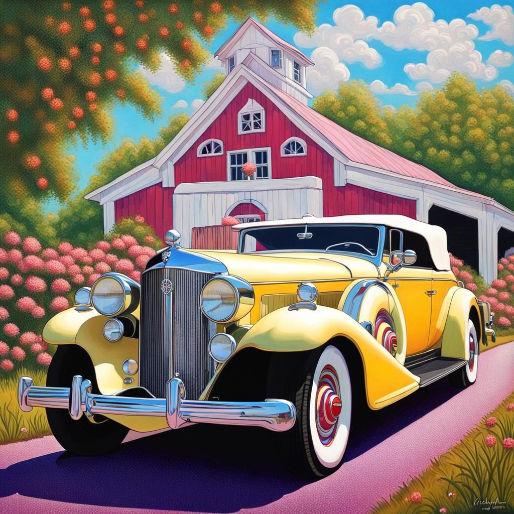 Cadillac Convertible Drives Past Covered Bridge in Candy Art