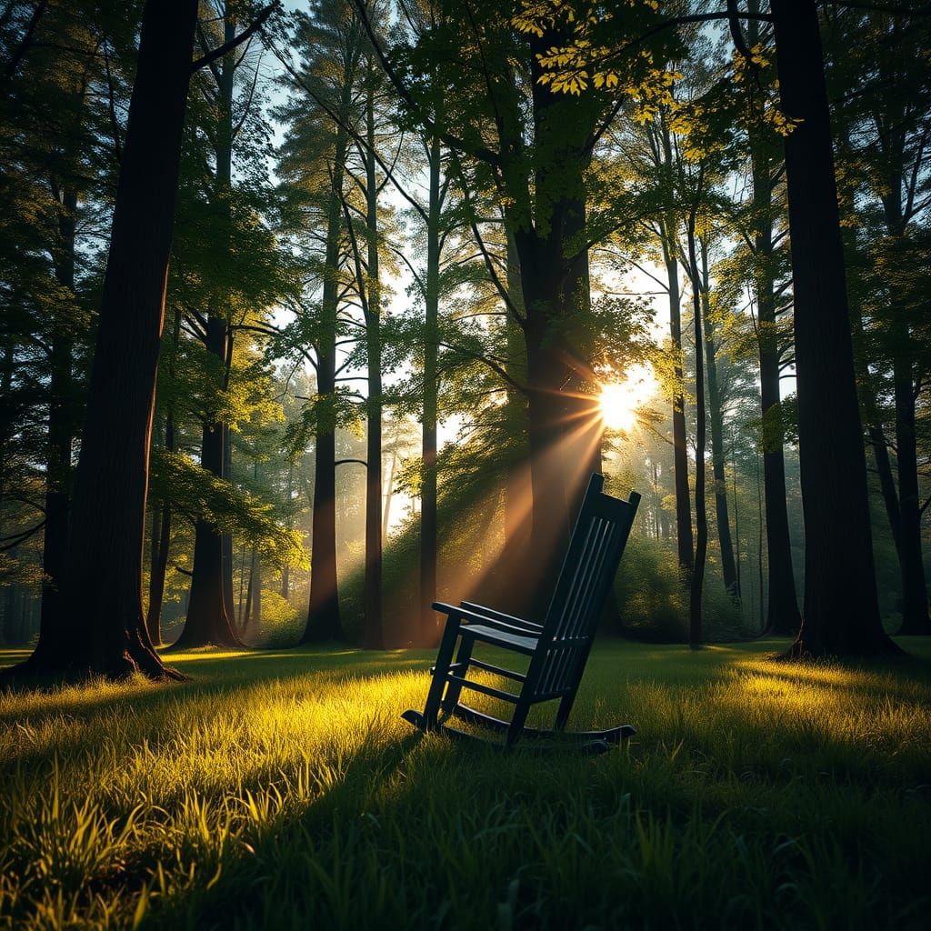Serene Forest Clearing with Sun-Dappled Rocking Chair