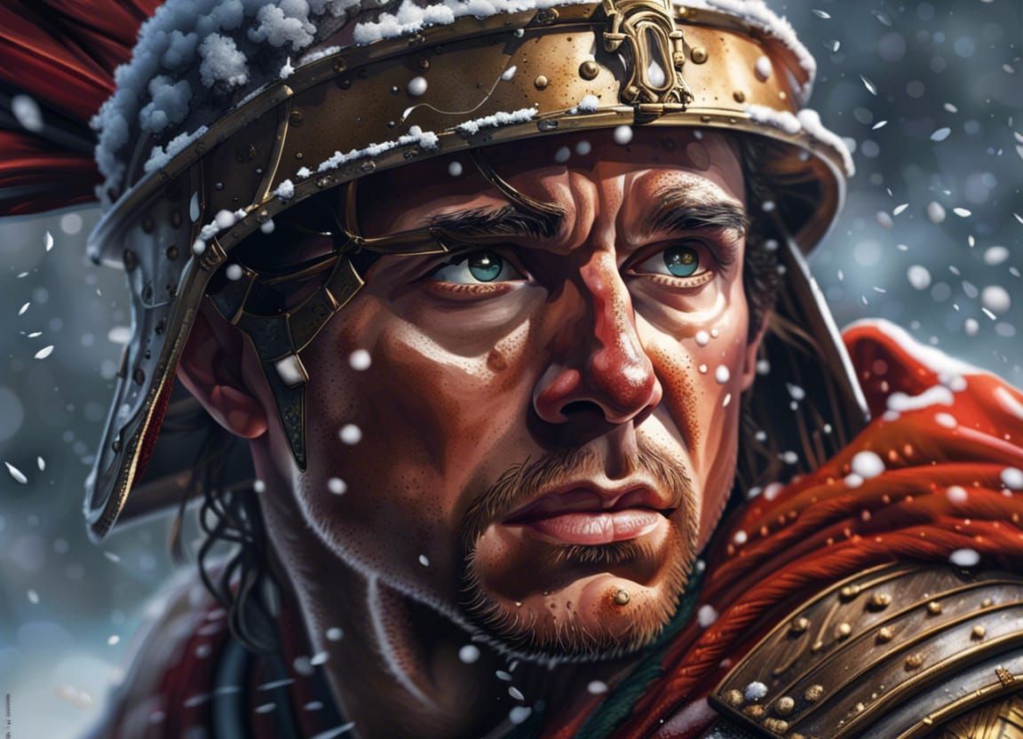 Roman Soldier Portrait in Snow, Hyperrealistic Art