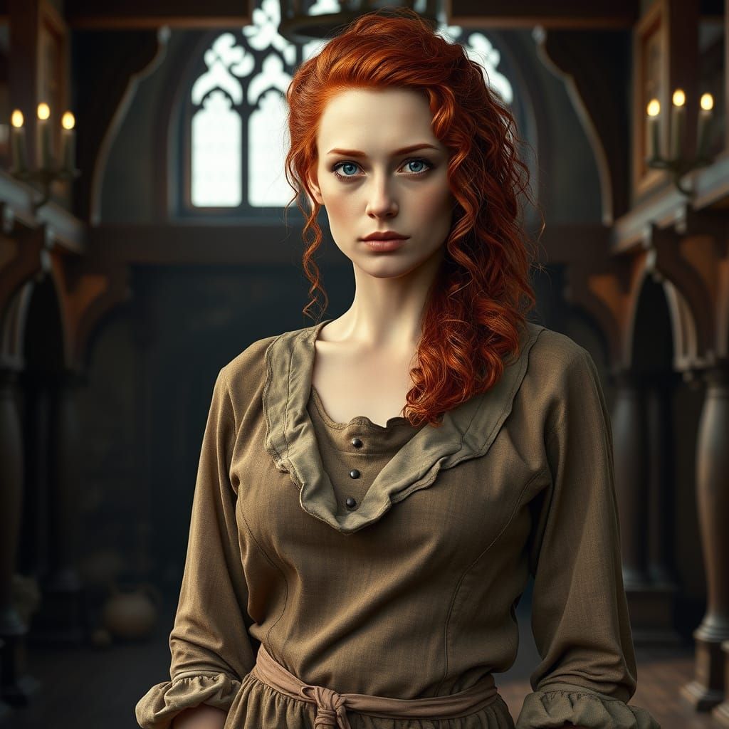 Medieval Farmer Woman in Ornate Farmhouse Interior