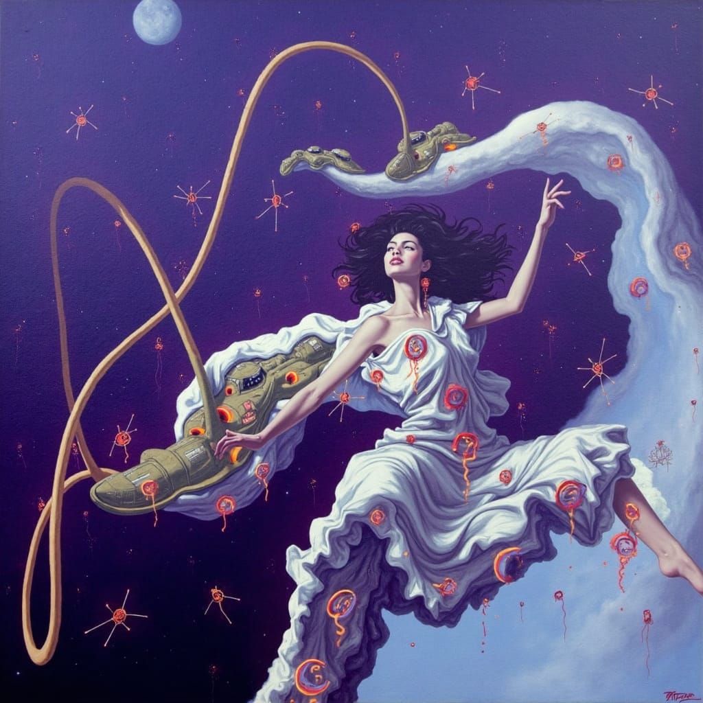 Cosmic Dancer Surrounded by Spacecraft in Street Art Style