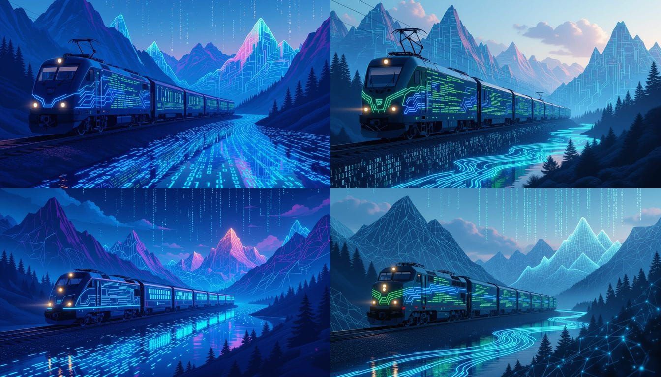 Futuristic Code Train in Digital Mountain Landscape