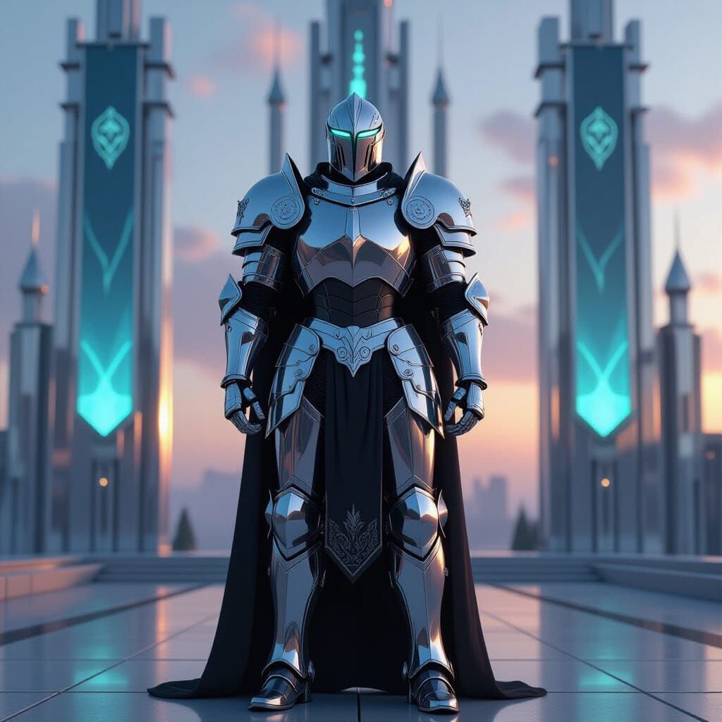 Robot Knight Guards Chrome Castle in Atmospheric Light