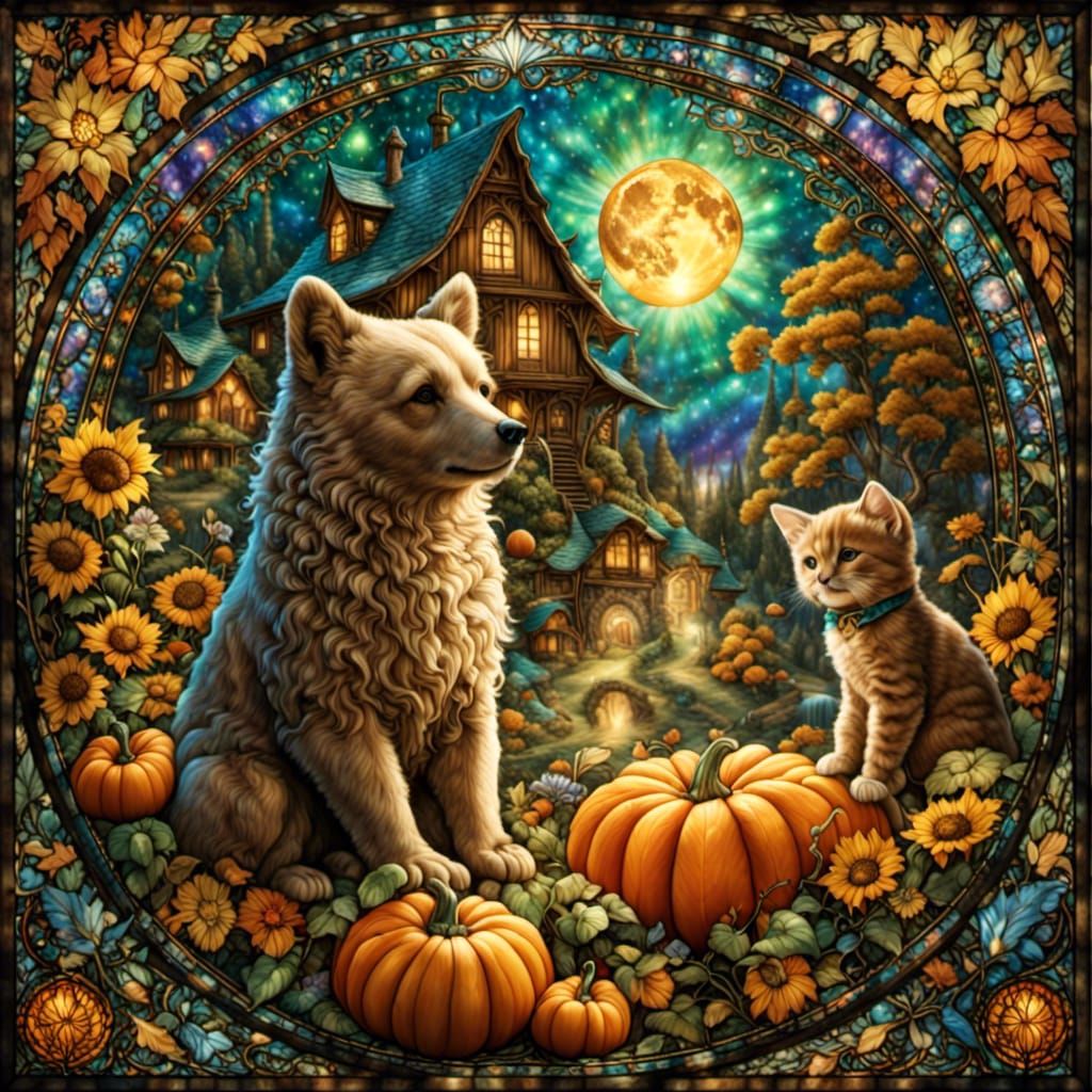 Fantasy Iridescent Fall Scene with Animals