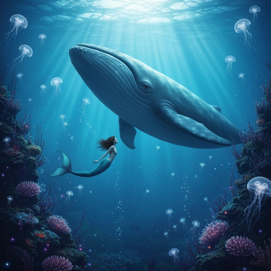 Underwater Mermaid and Whale in Bioluminescent Scene