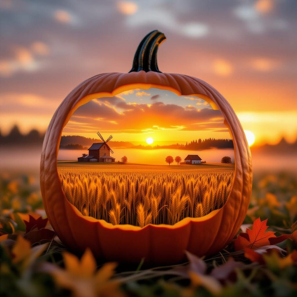 Holographic Autumn Harvest Landscape Inside Pumpkin