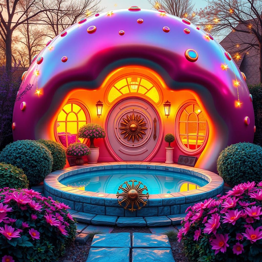 Whimsical Donut-Shaped Mansion with Iridescent Glaze and Vib...