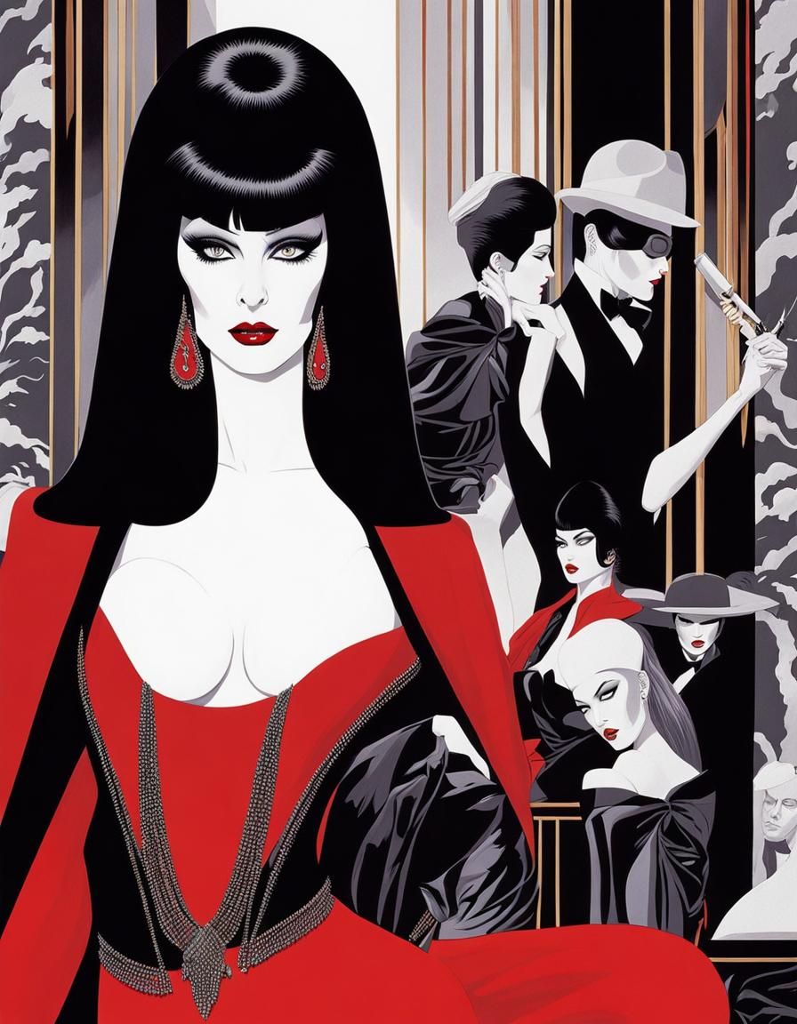 Elvira in Black, White, and Red, Airbrush Art