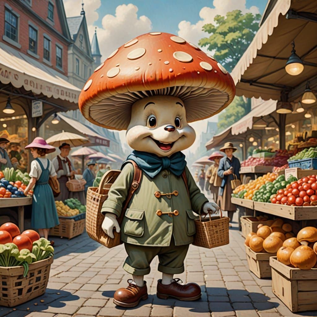 Vintage Disney Mushroom Shops Whimsical Market Scene