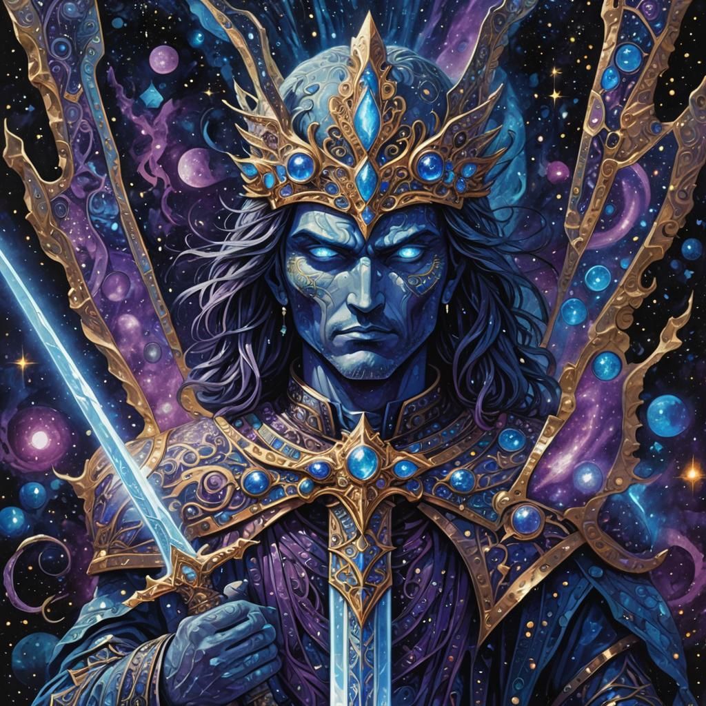 Celestial Sword Radiating Blue Light in Space