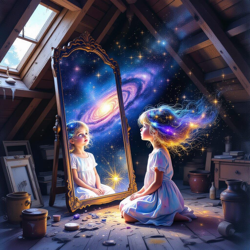 Girl Sees Galaxy in Mirror, Watercolor Masterpiece