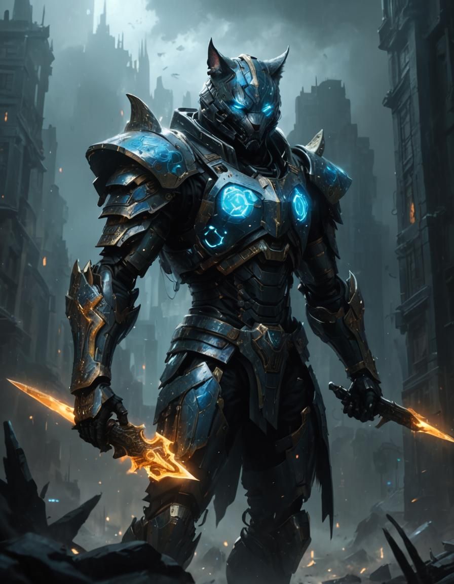 Cybernetic Cat Paladin Warbot in City Jungle
