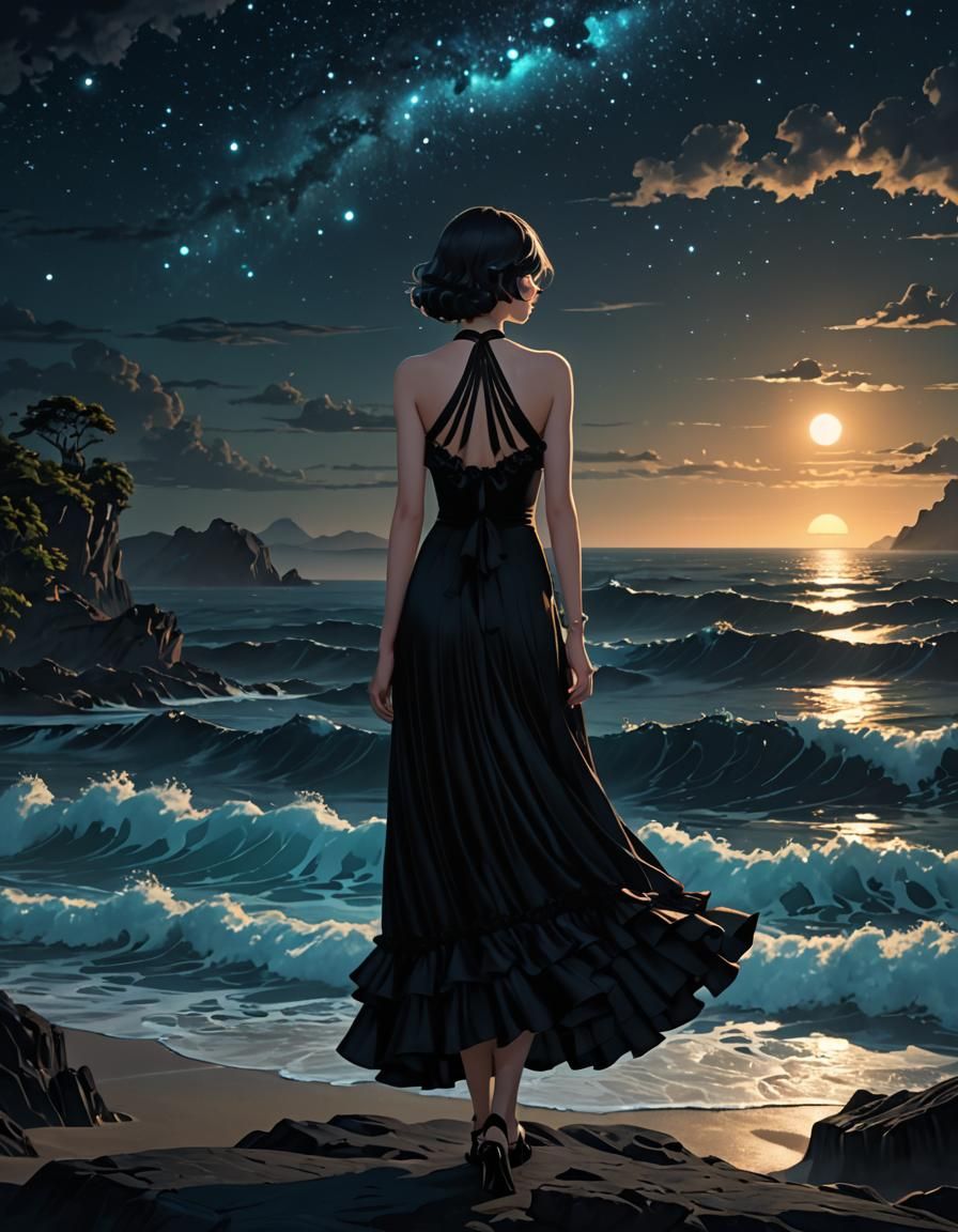 Bioluminescent Ocean Gown: 1930s Anime Art