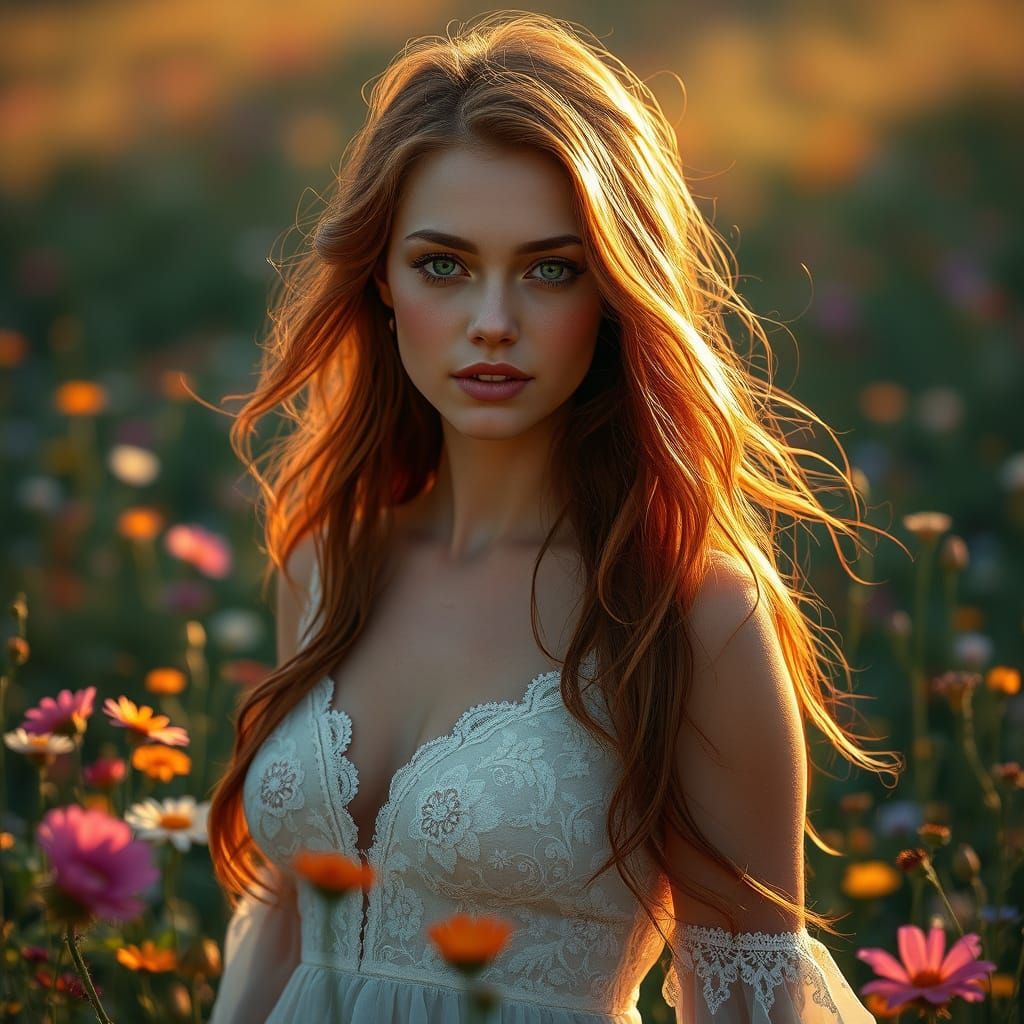 Woman in Wildflower Field at Dawn