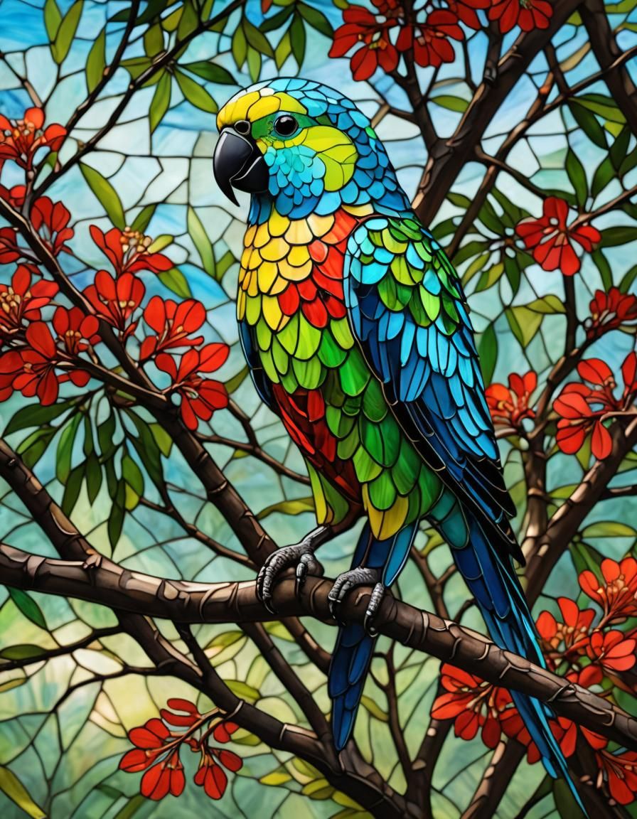 Colorful Stained Glass Parakeet on Poinciana Branch