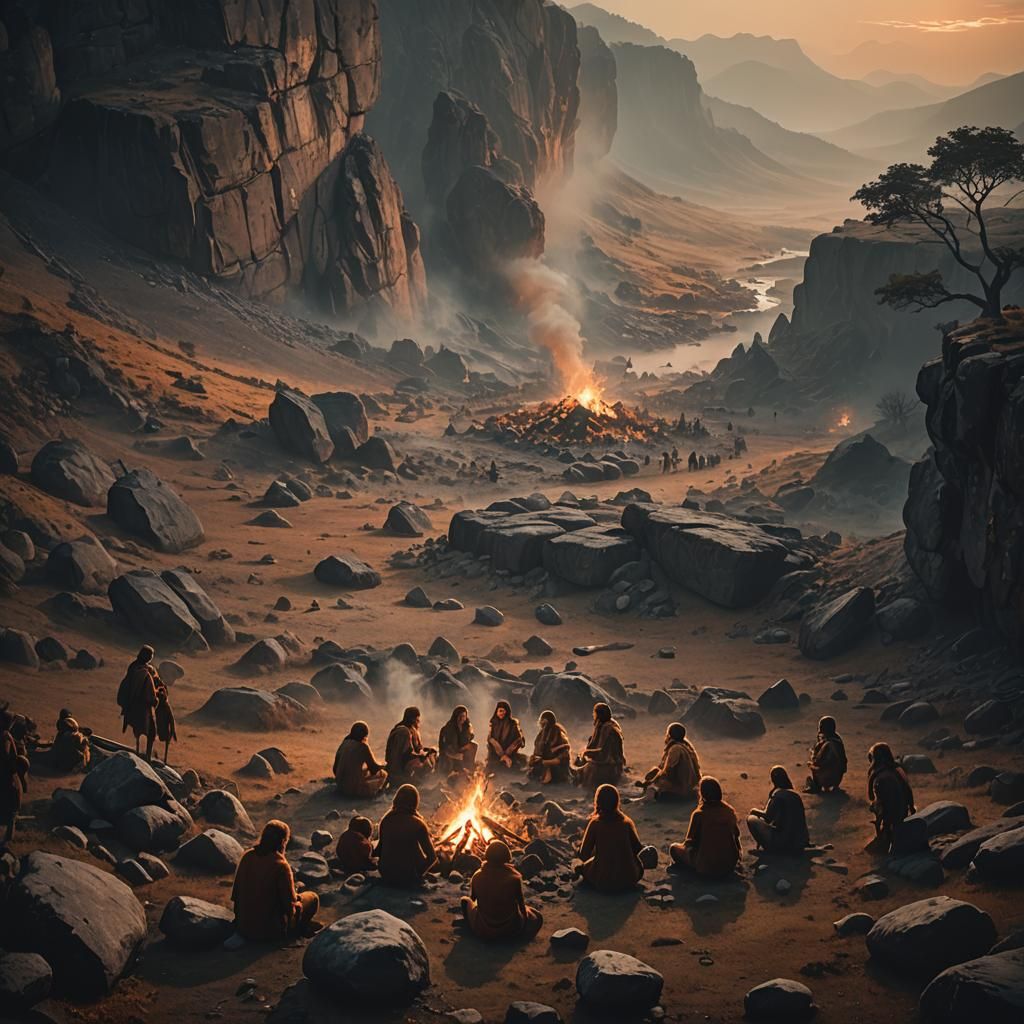 Prehistoric Tribe Gathered at Dawn in Misty Valley