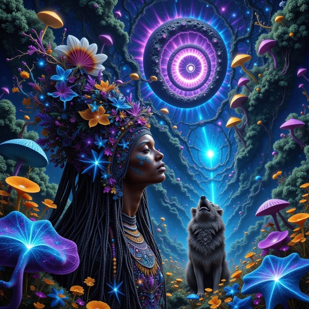 Ethereal Cosmic Shamaness in a Bioluminescent Realm