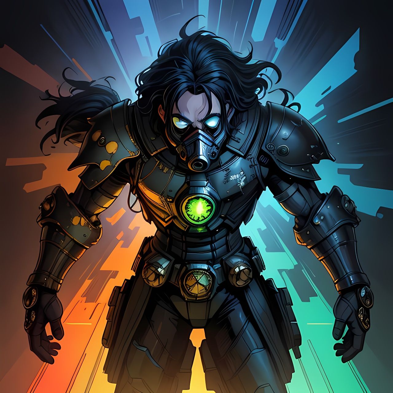 Heroic Masked Character in Fantasypunk Cityscape