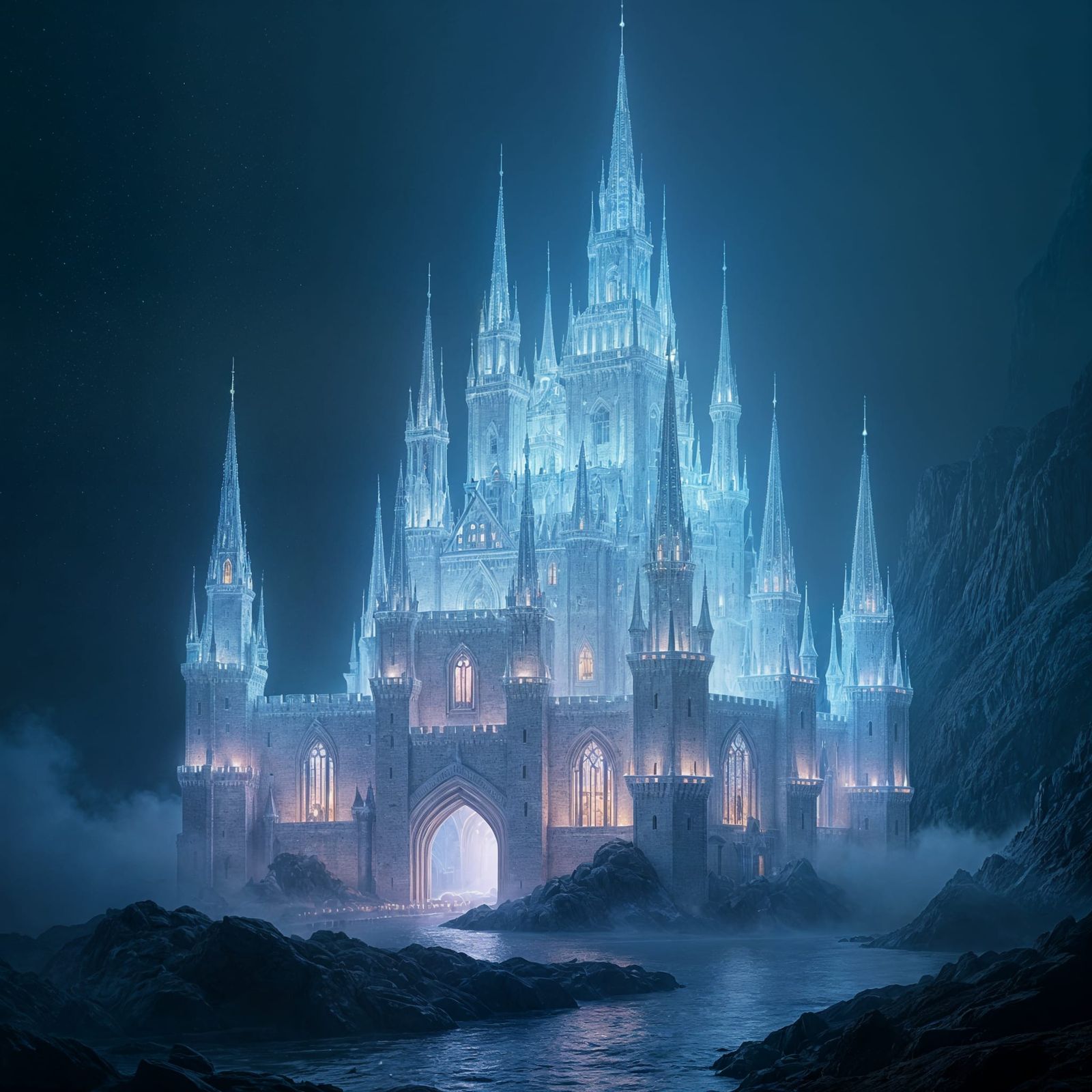 Iridescent Silver Castle of Light in Darkness