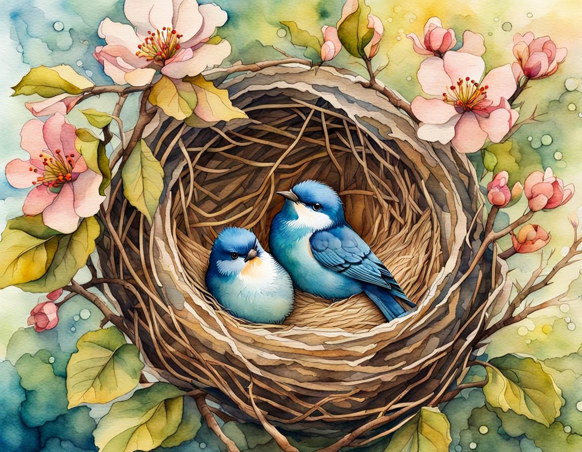 Cozy Bird's Nest in Watercolor Storybook Style