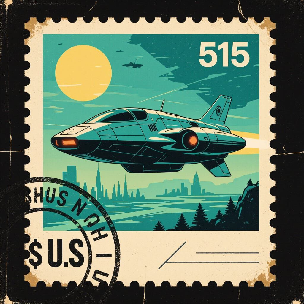 Vintage U.S. Stamp with Futuristic Illustration