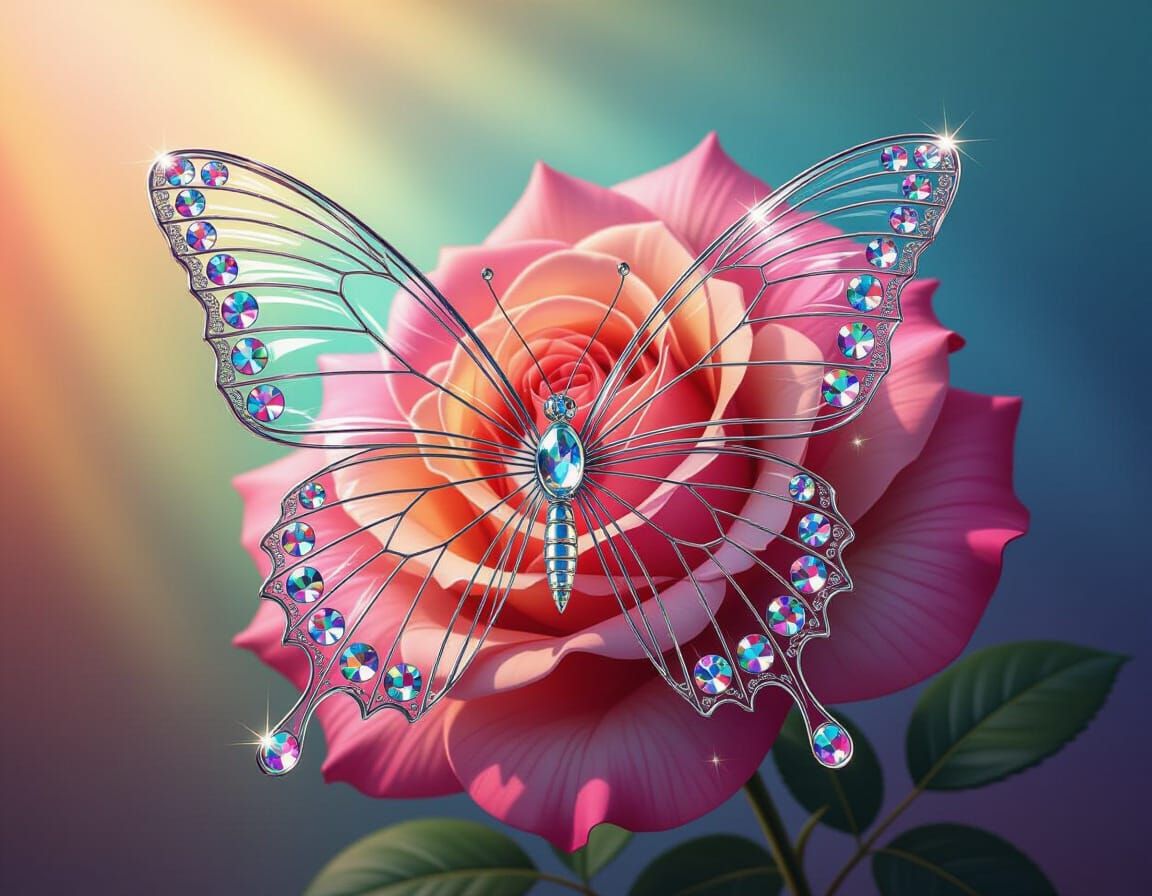 Glass Butterfly on Rose, Hyperrealistic Splash Art Style