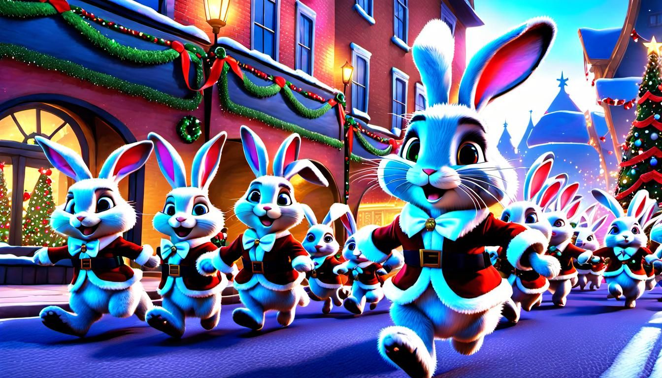 Christmas Parade in Bunny Town with Rabbit Santa