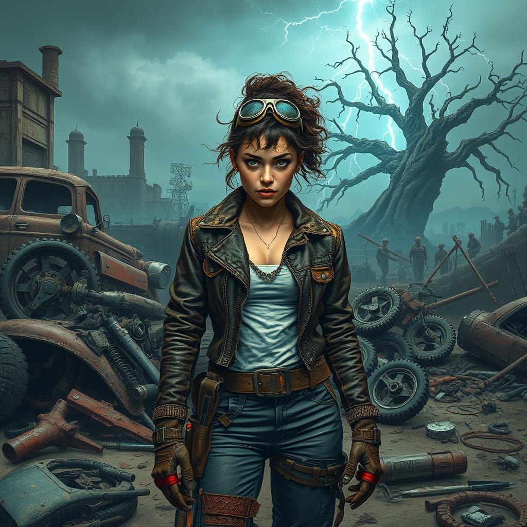 Fierce Female Mechanic in Post-Apocalyptic Ruins