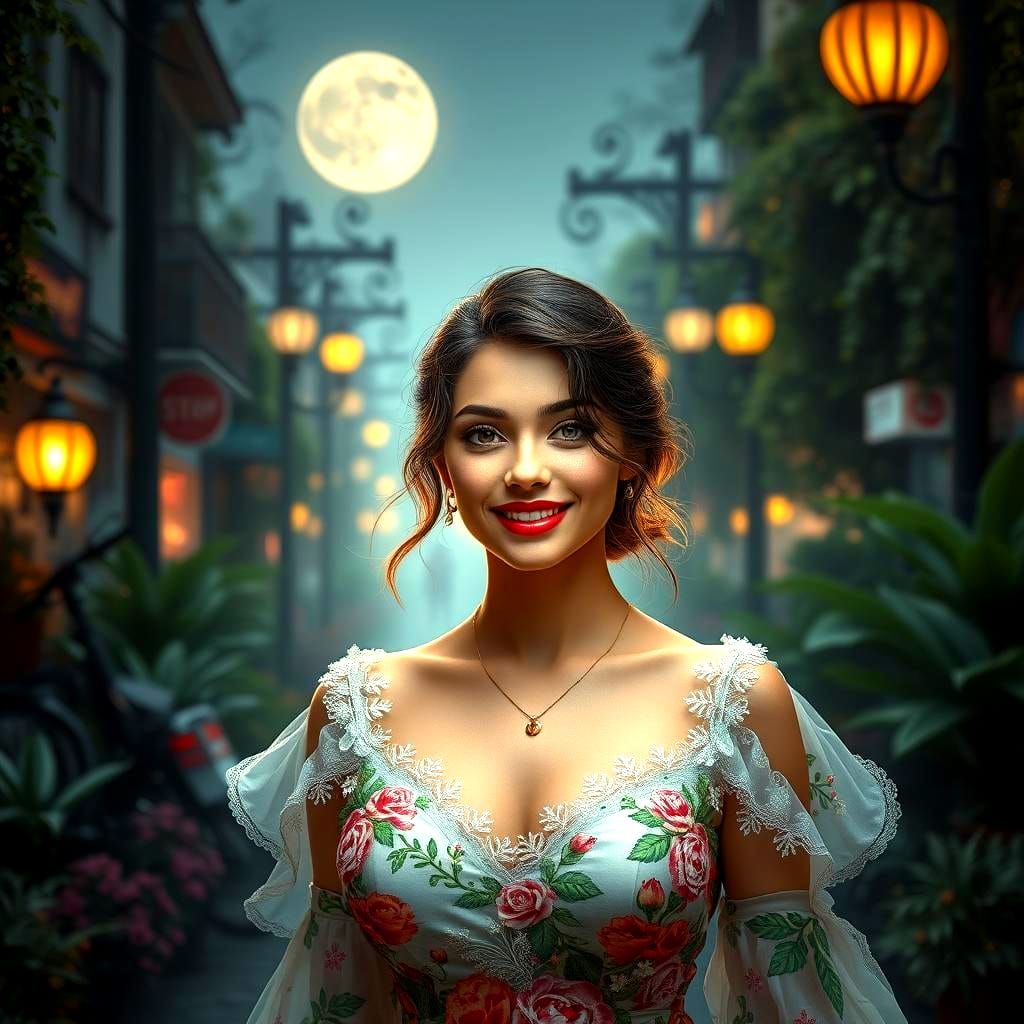 Beautiful Woman Walking on City Street at Night