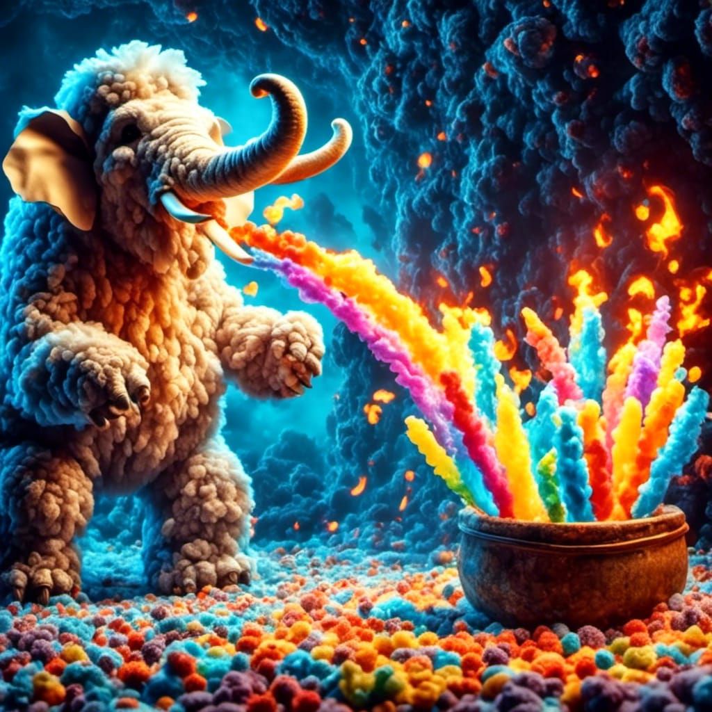 Fluffy Cereal Mascot Mastodon Barfs a Burning Bundle of Glowsticks X