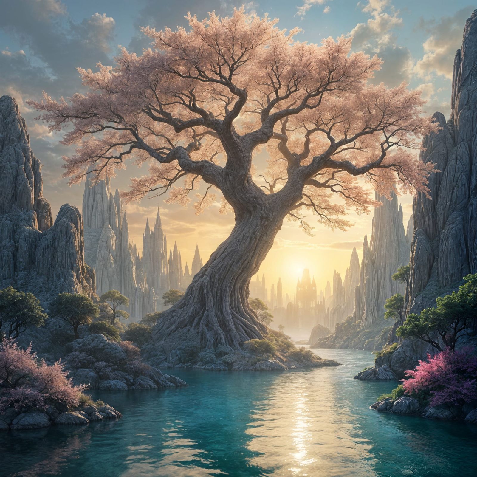 Heavenly Landscape with Tree of Life: Photorealistic Image